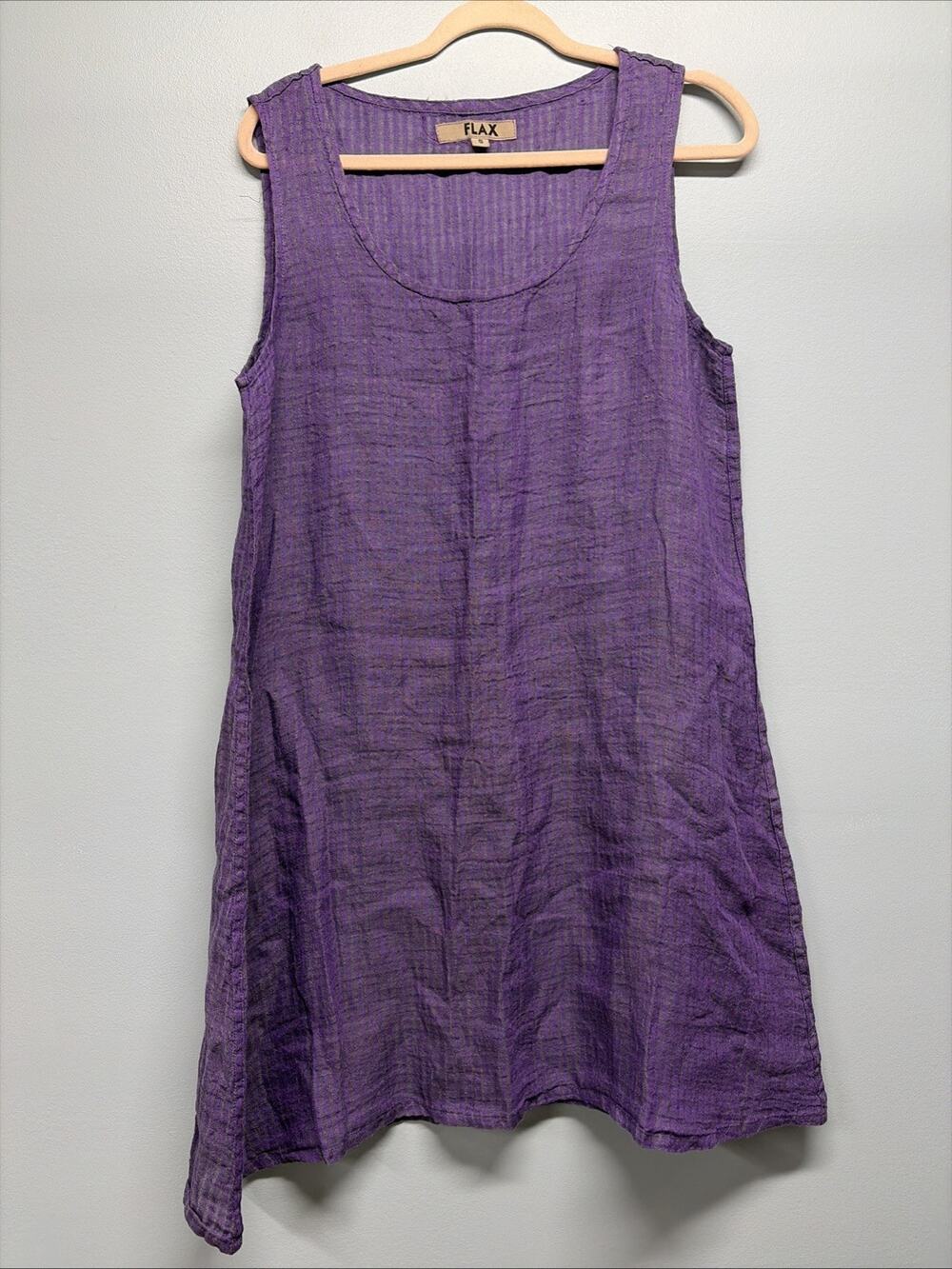 NEW Flax Linen Purple Striped Tank Shift Dress Travel Boxy Lagenlook -Size Small